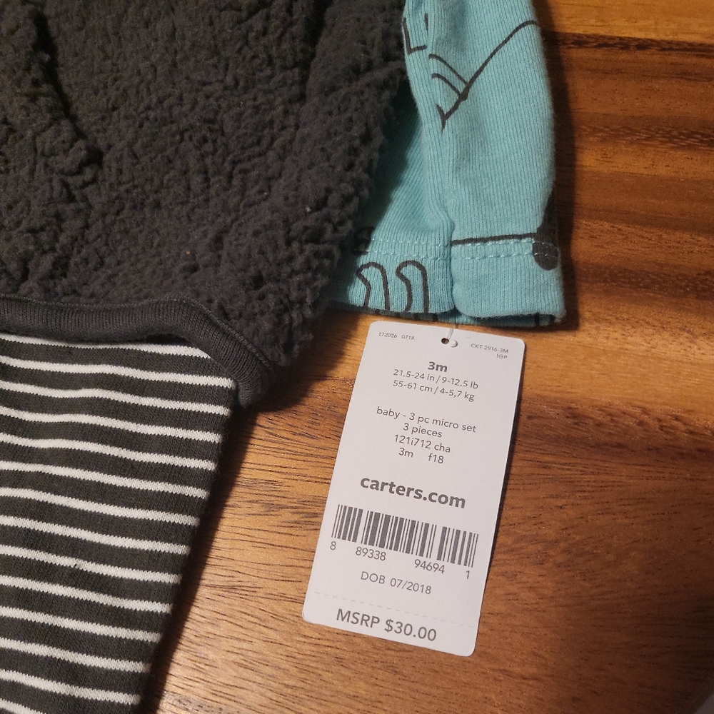 Brand New NWT Carter's Baby Full Outfit Dog Onesie Stripe Leggings Fuzzy  Vest - Picture 4 of 5